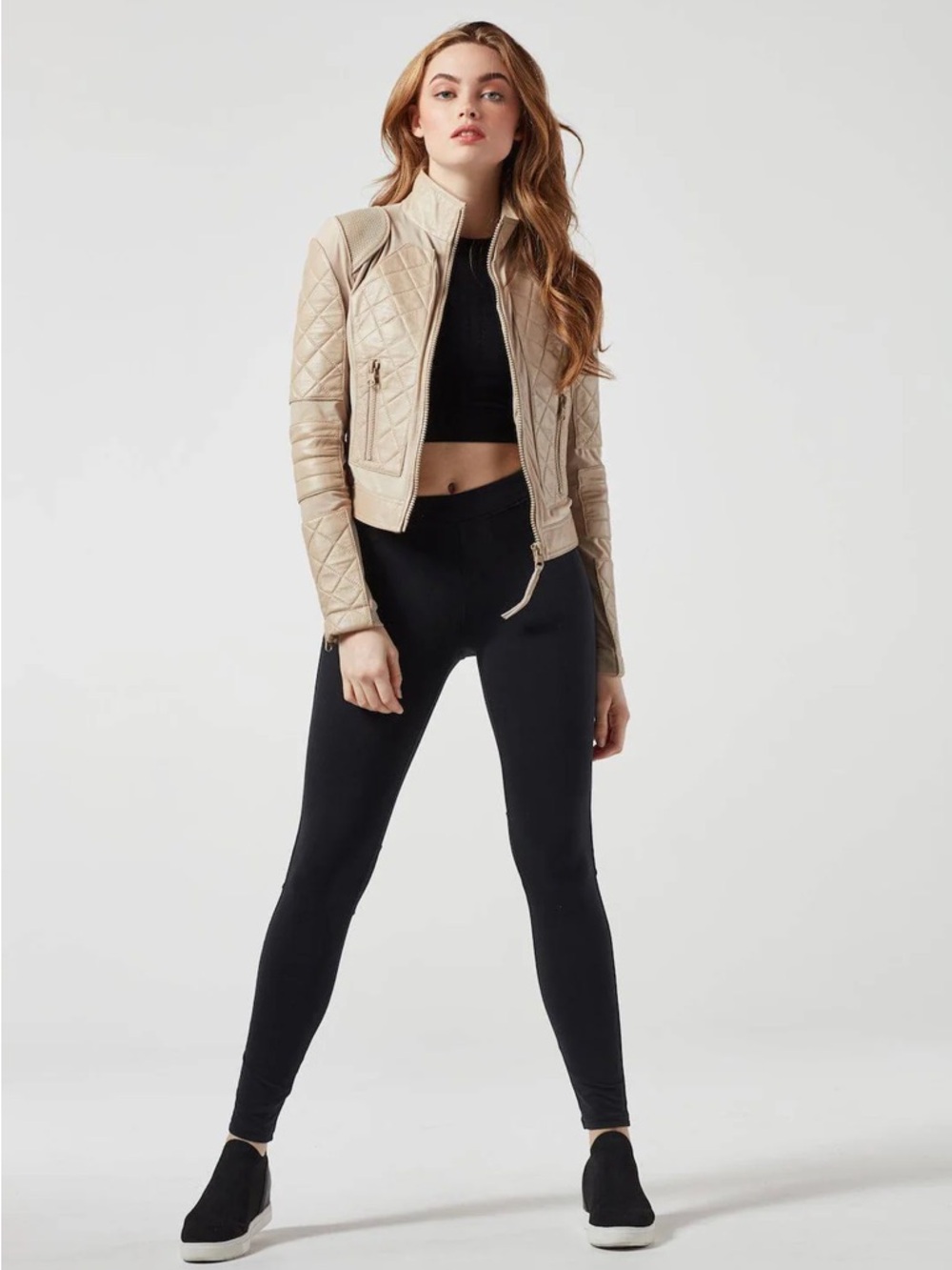 blanc noir Quilted Beige Leather Moto Jacket sz S